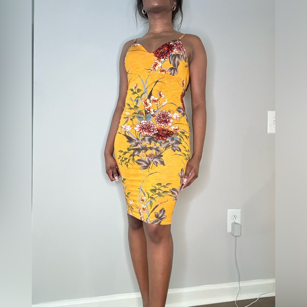 Open Back Midi Yellow Flower Dress